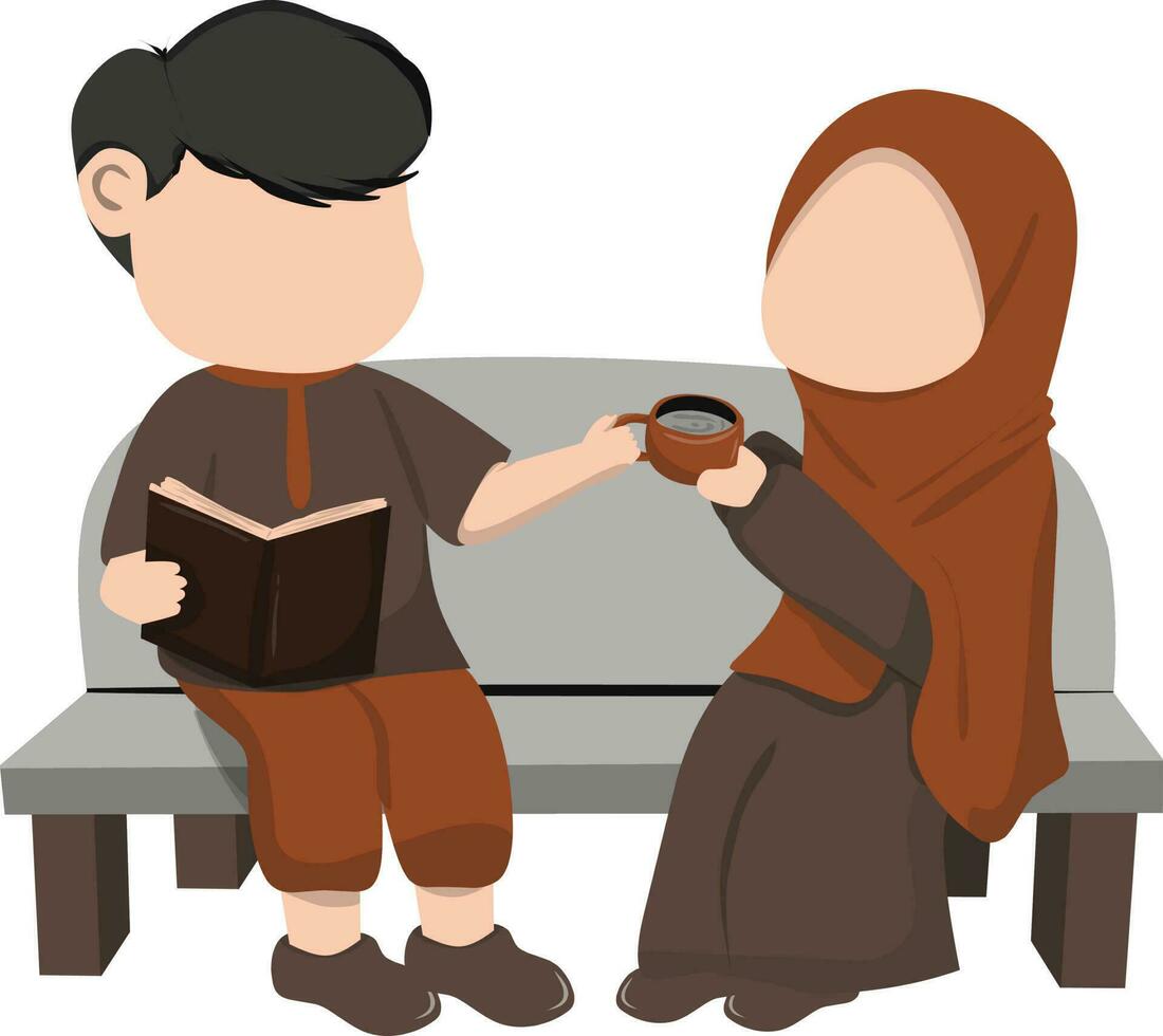 Muslim couple sitting on the bench and reading a book. Vector illustration