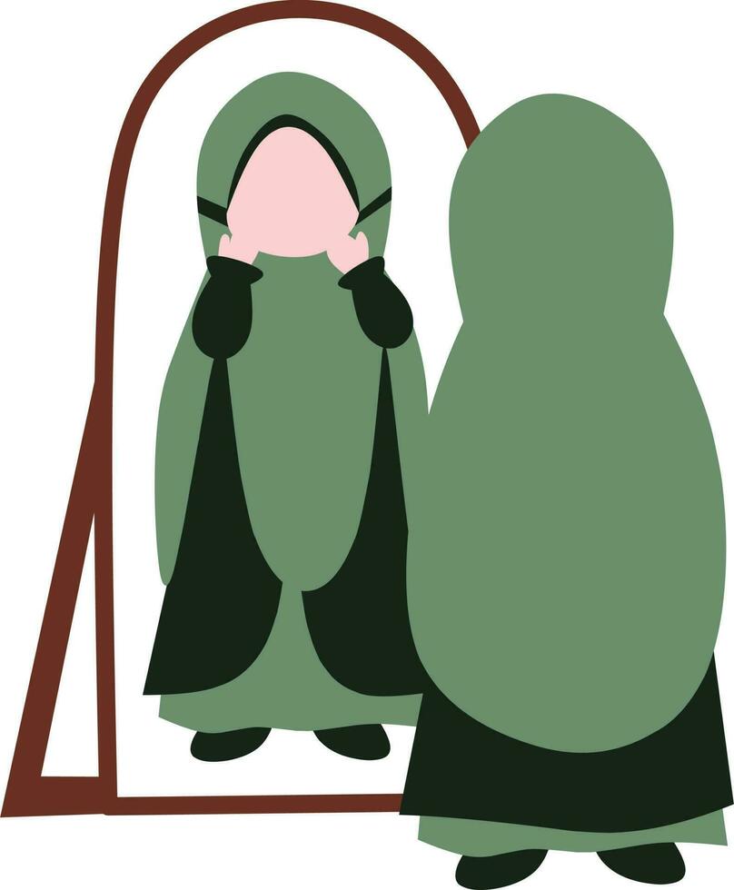 Muslim girl see her face in glass Vector illustration in flat style