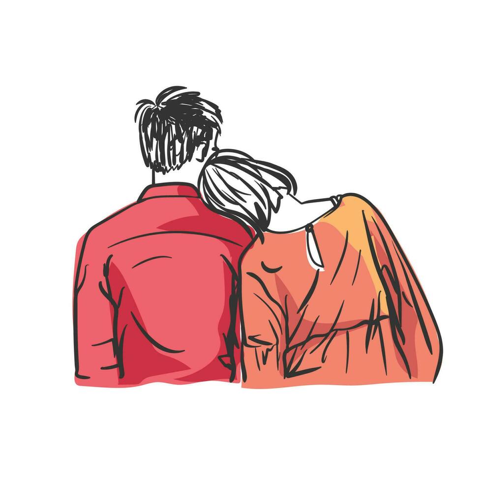Cute couple standing backward, woman resting her head on man's shoulder vector color illustration