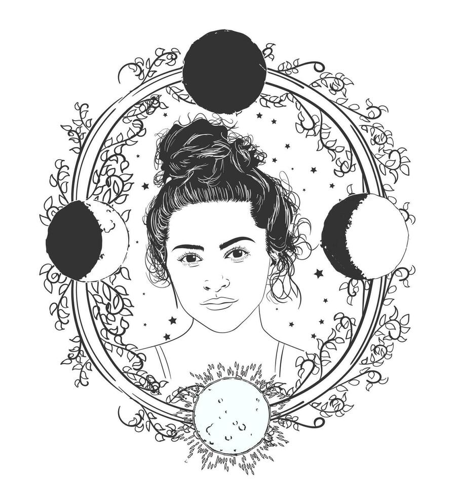 Beautiful young woman with gorgeous bun hair and decorative flowers staring towards, surrounded by the different phases of the moon covered with the tree leaves line art detailed vector drawing