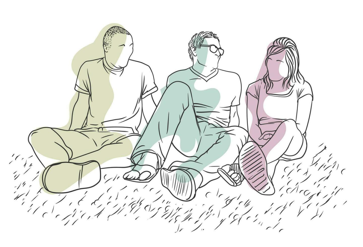 Two males and a female friends are hanging out, sitting on the ground, simple line art hand-drawn color illustration vector