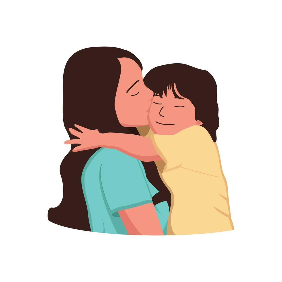 linda joven hijo participación y abrazando su hermosa madre vector dibujo