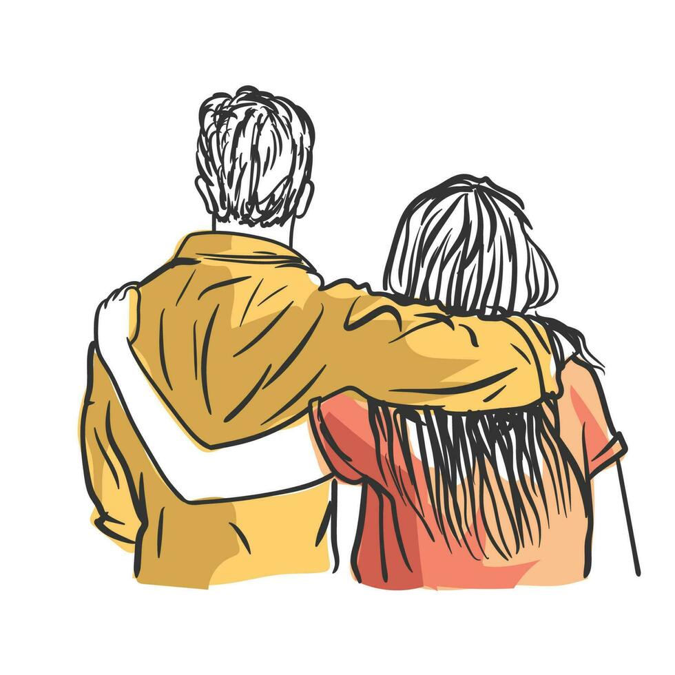 hombre y mujer en pie hacia atrás, manos en el hombro, Pareja vector ilustración