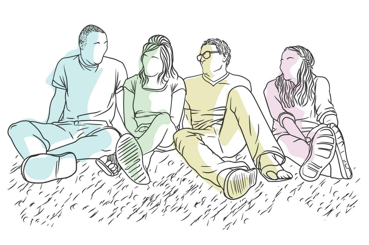 Two males and two female friends are hanging out, sitting on the ground, simple line art hand-drawn color illustration vector