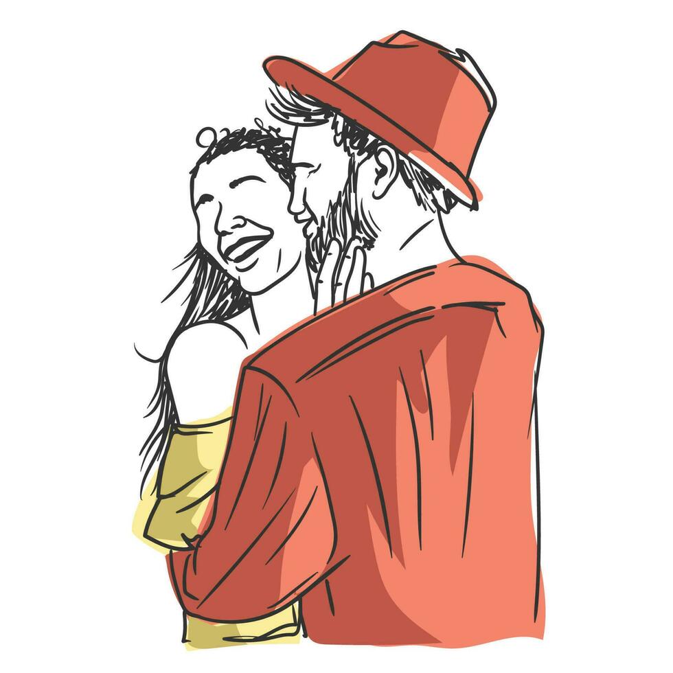 A man wearing simple hat and modern dressed woman laughing vector drawing