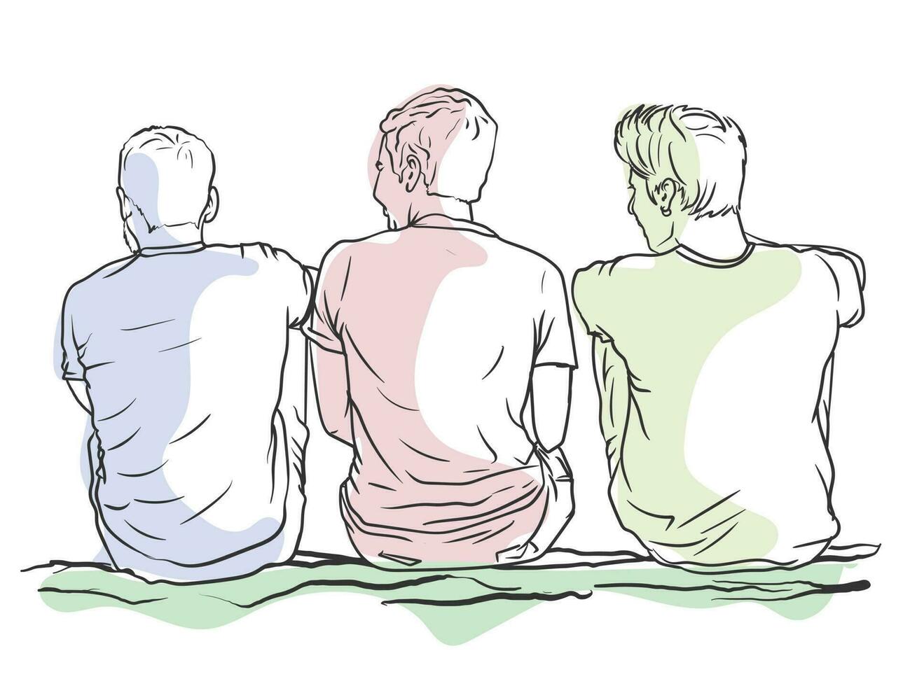 Tres masculino amigos riendo juntos, que se discute, sentado hacia atrás en el suelo, sencillo línea Arte mano dibujado vector color ilustración