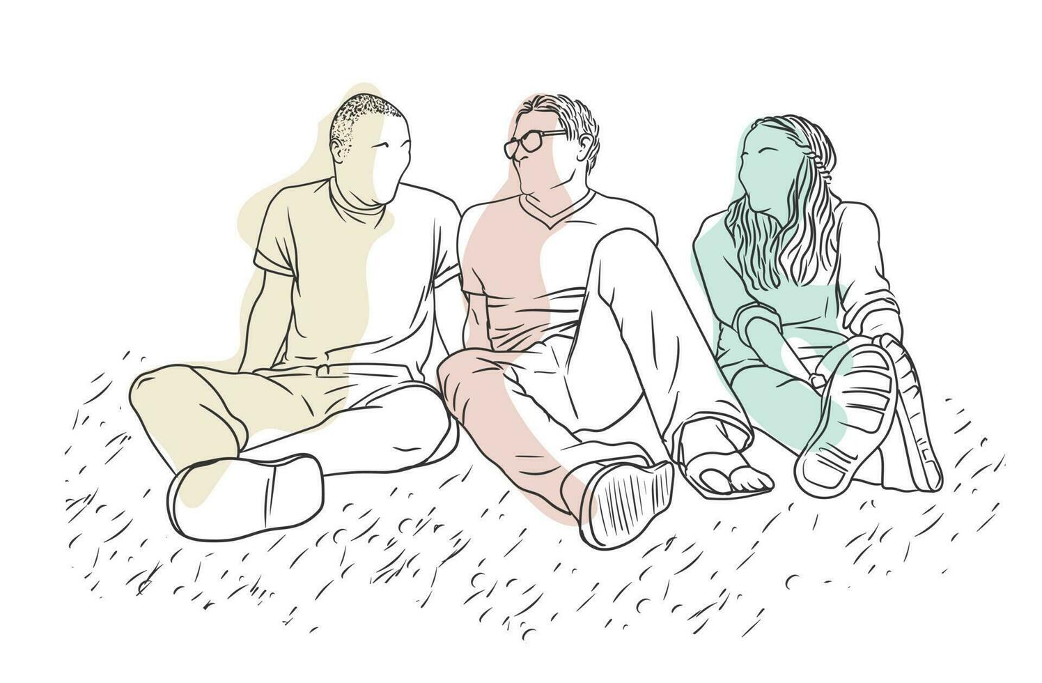 Two males and a female friends are hanging out, sitting on the ground, simple line art hand-drawn color illustration vector