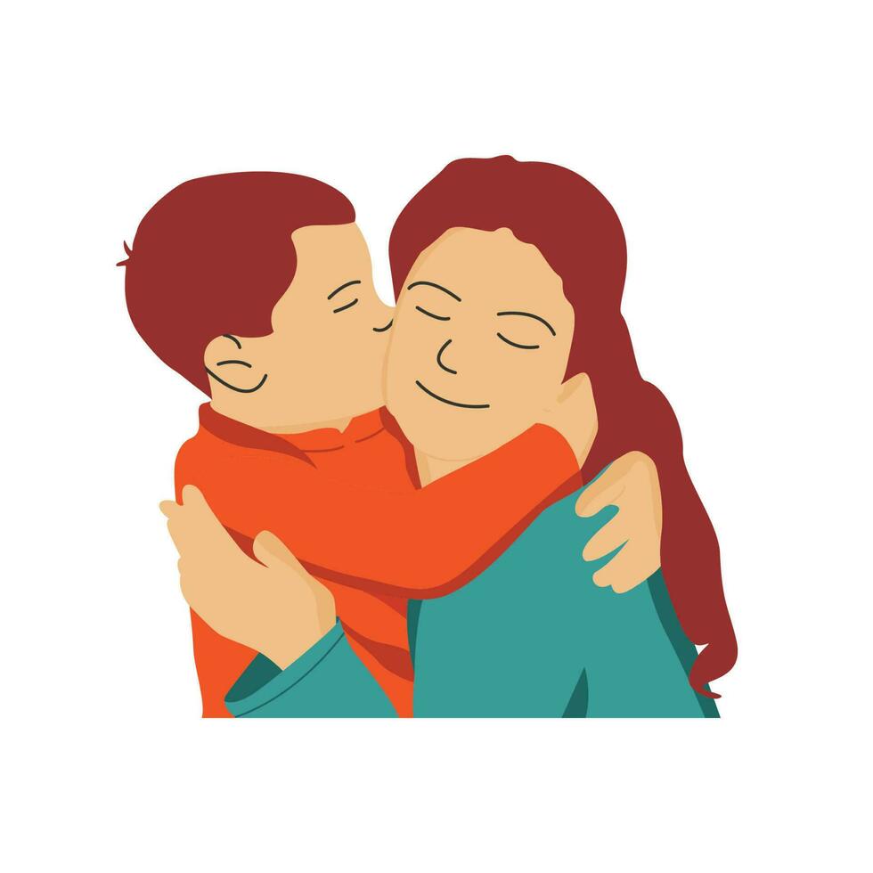 Cute young son is kissing and hugging his red hair mother flat vector illustration