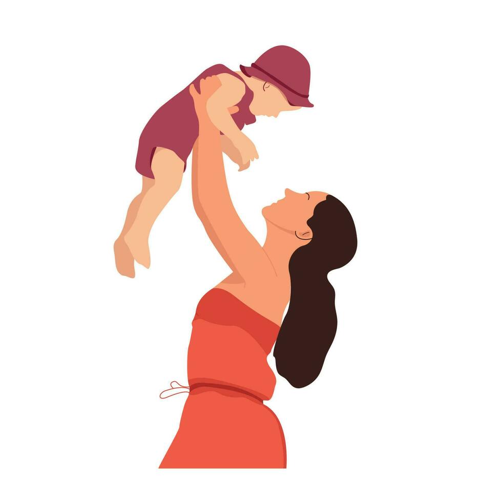 Mother holding baby above her head flat illustration vector