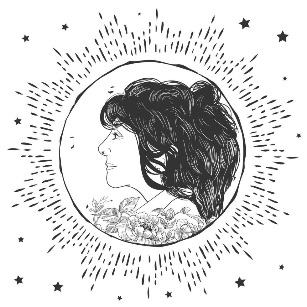Lady with messy hair and decorative flowers, sitting inside the moon surrounded by the stars, concept line art detailed vector drawing