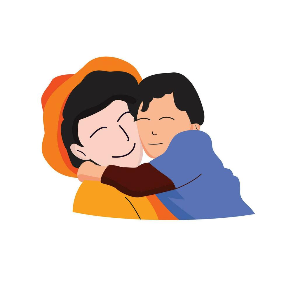 A hat wearing mother hugging and cuddling her son vector