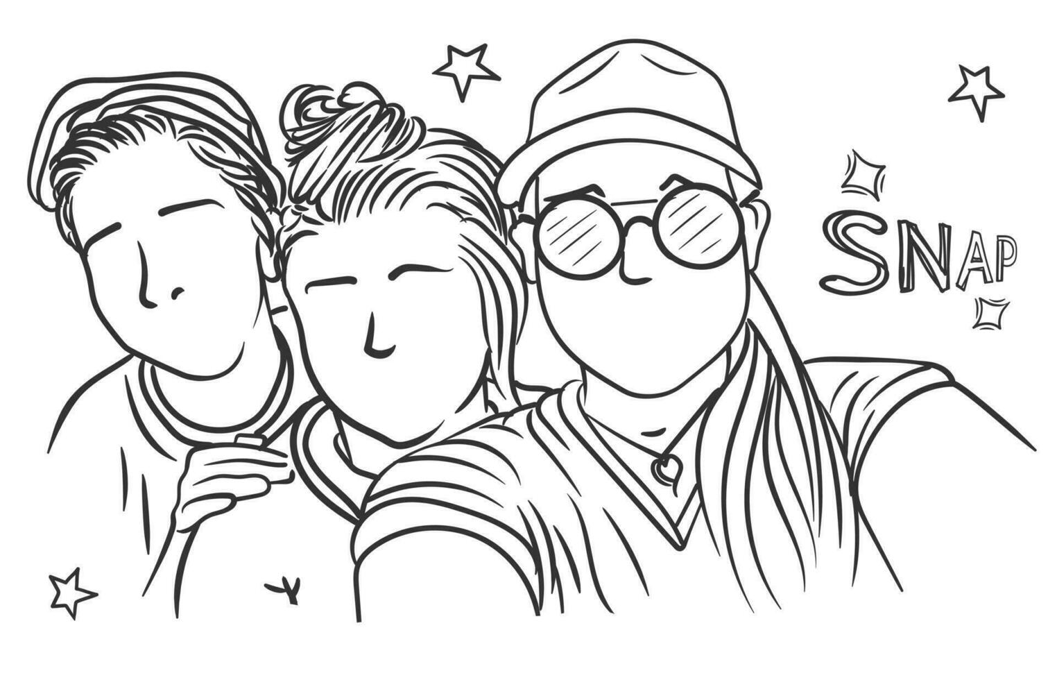 Three gorgeous women are taking selfies wearing glass and cap with messy hair bun, hand drawn vector line art drawing