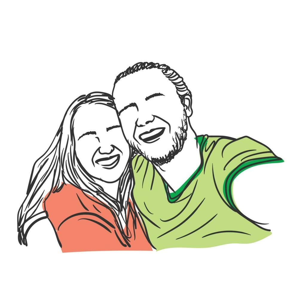 Happy laughing couple taking selfies, smiling together, couple vector drawing