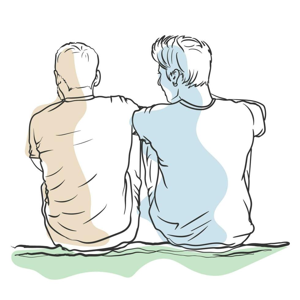 Two male friends laughing together, discussing, sitting backward on the ground, simple line art hand drawn vector color illustration
