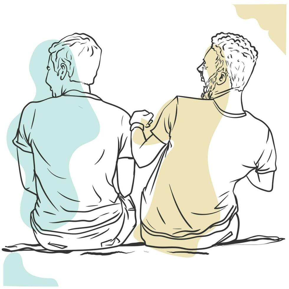 Two male friends laughing together, discussing, sitting backward on the ground, simple line art hand drawn vector color illustration