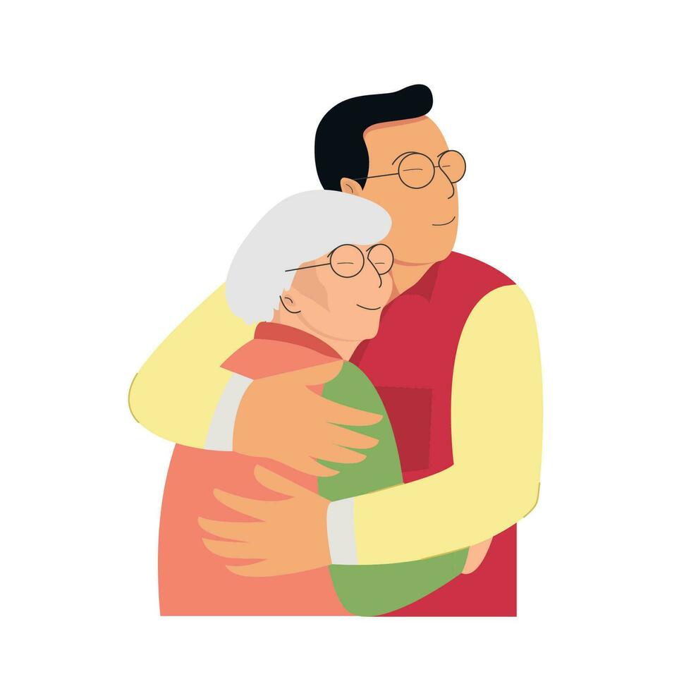 Elder son hugs his old aged mother flat illustration vector