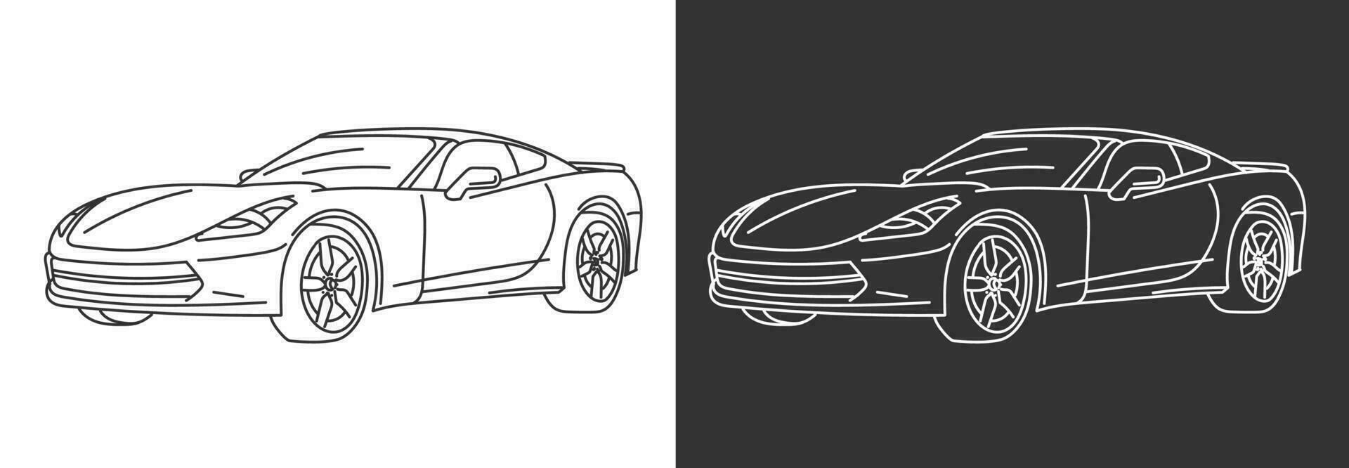 Line art illustration of modern sports car isolated on black and white color vector