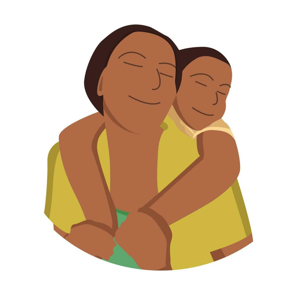 Young son hugging his African American black mother from behind flat vector illustration