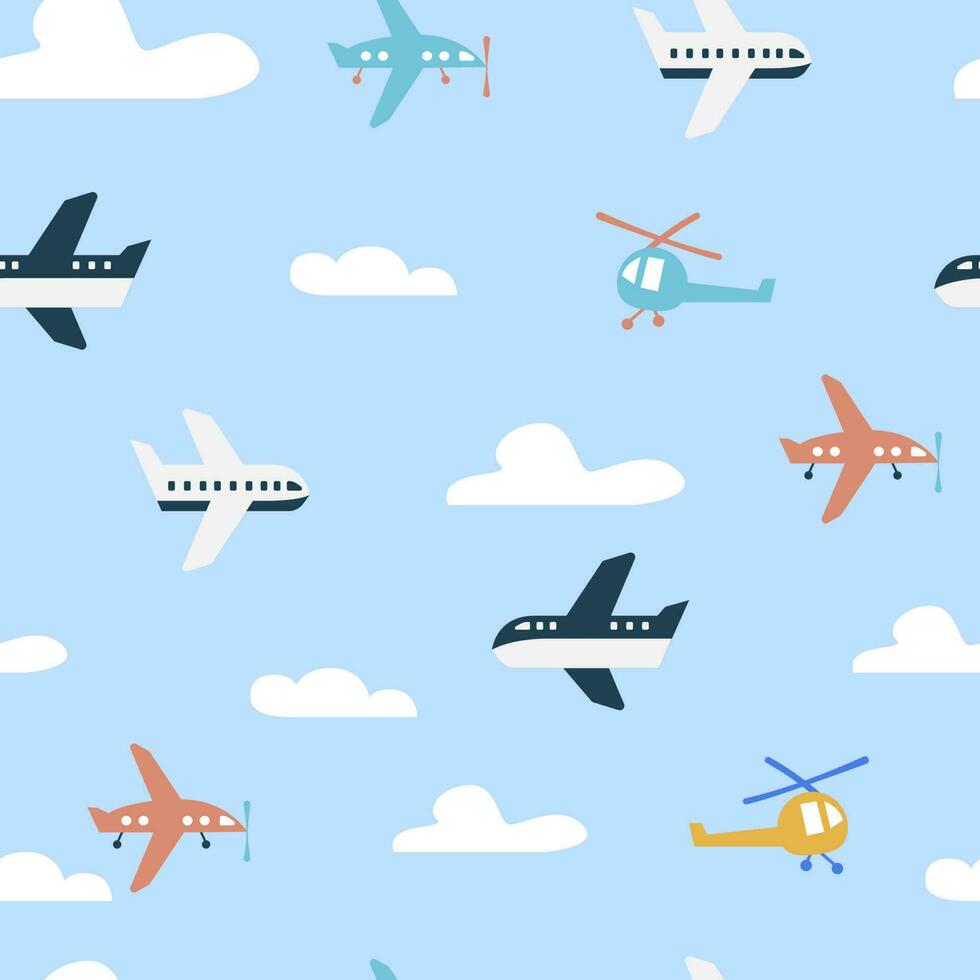 Seamless pattern of childish cute air plane or transportation with cloud and blue background vector