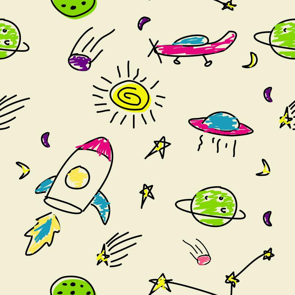 Minimal space transportations pattern with cute palette color for kids. Vector seamless with planes, ufos, planets.