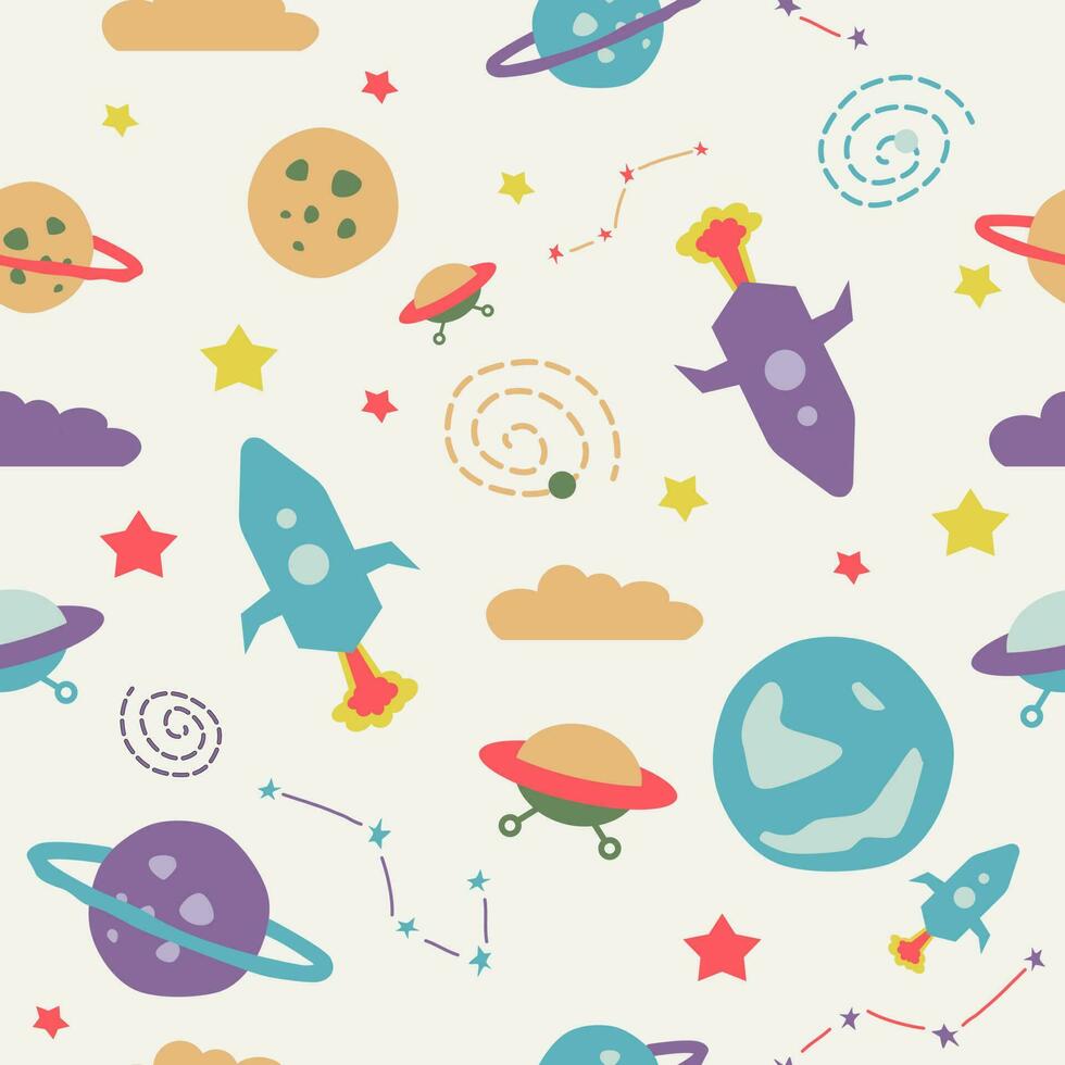 Rocket space pattern with gender palette color for kids. Vector seamless pattern with space transportations, stars and planets