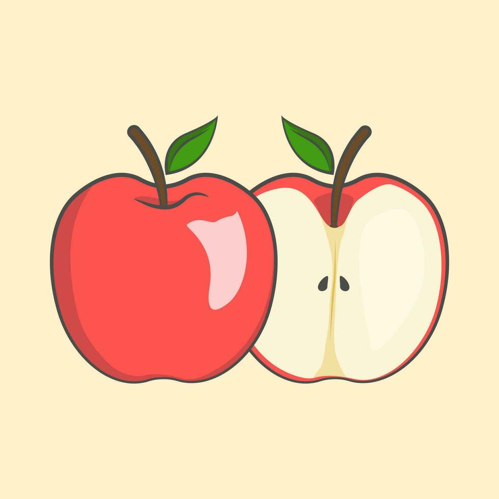 adorable vector Arte de lindo, dibujos animados manzana en plano estilo. caracteristicas todo y división manzanas con hoja