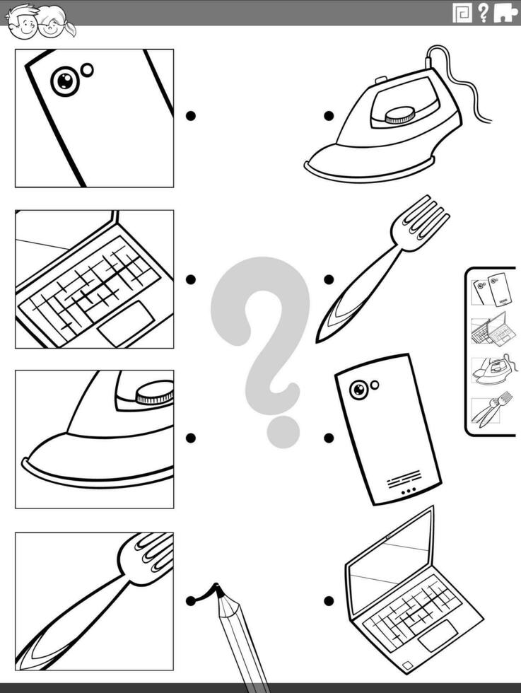 match cartoon objects and clippings activity coloring page vector