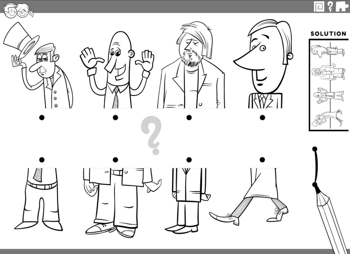 match halves game with cartoon men characters coloring page vector