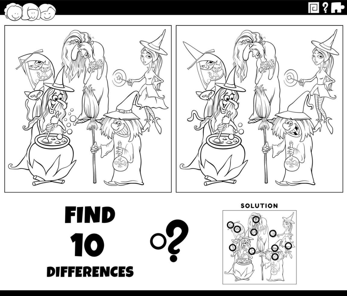 differences game with cartoon witches coloring page vector