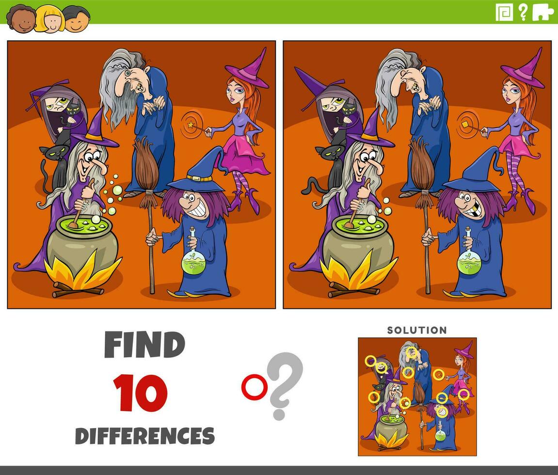 differences game with cartoon witches fantasy characters vector