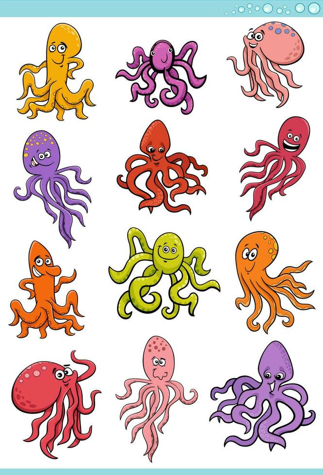 cartoon octopus marine animal comic characters set vector