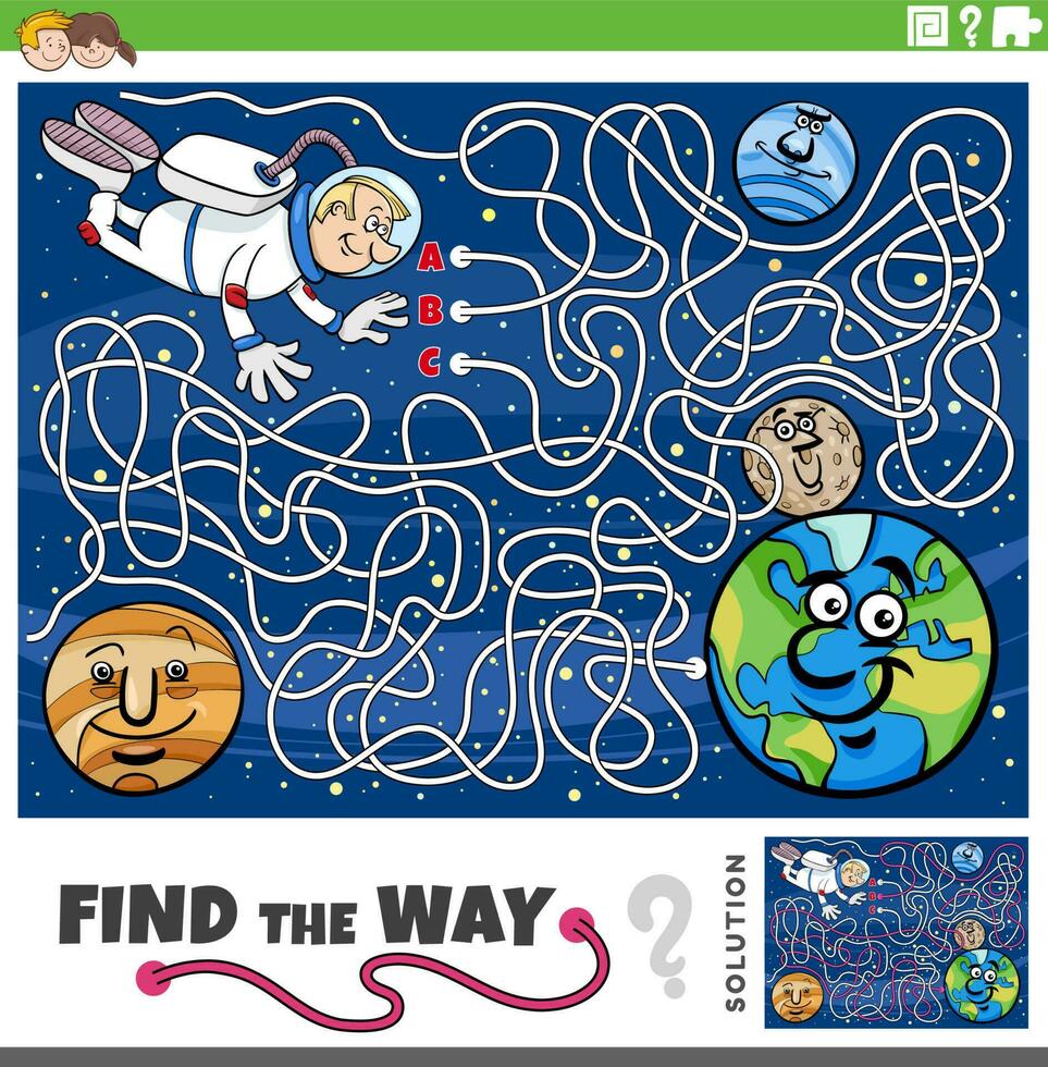 find the way maze game with cartoon astronaut in space vector