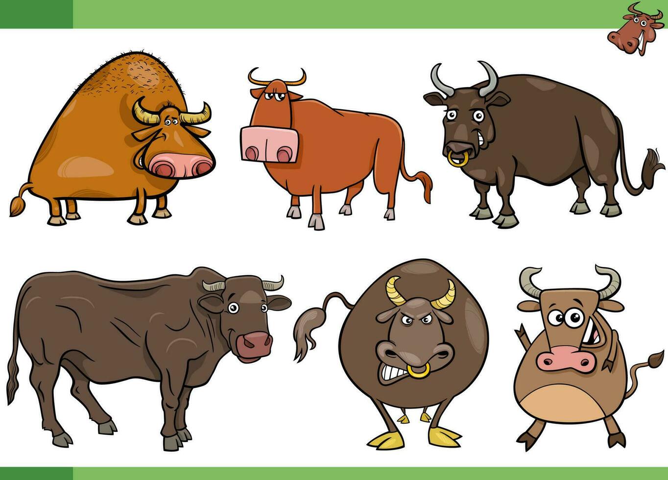 cartoon bulls farm animals comic characters set vector