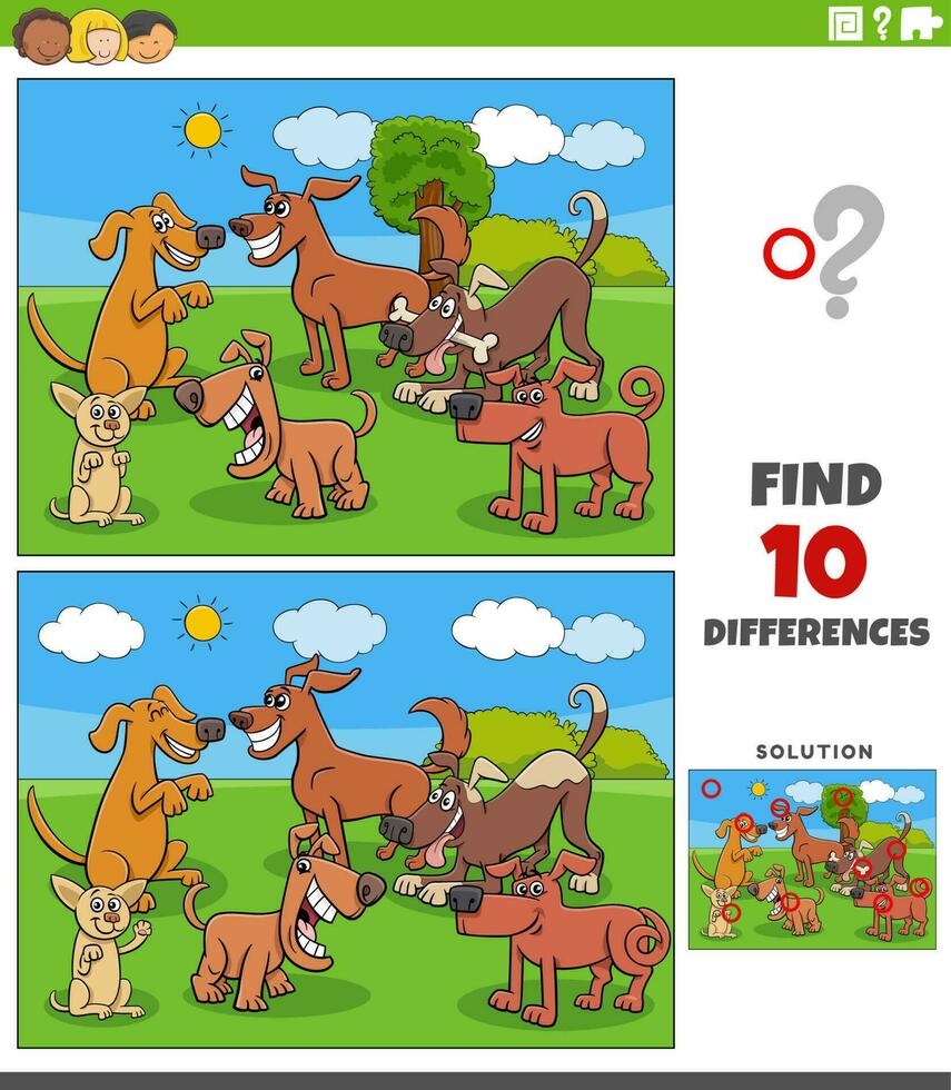 differences game with cartoon dogs characters group vector