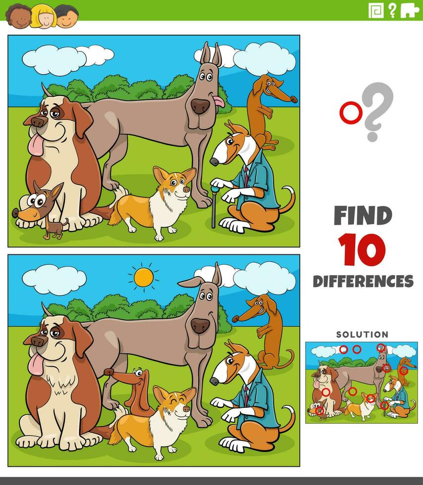 diferencias juego con dibujos animados perros caracteres grupo vector