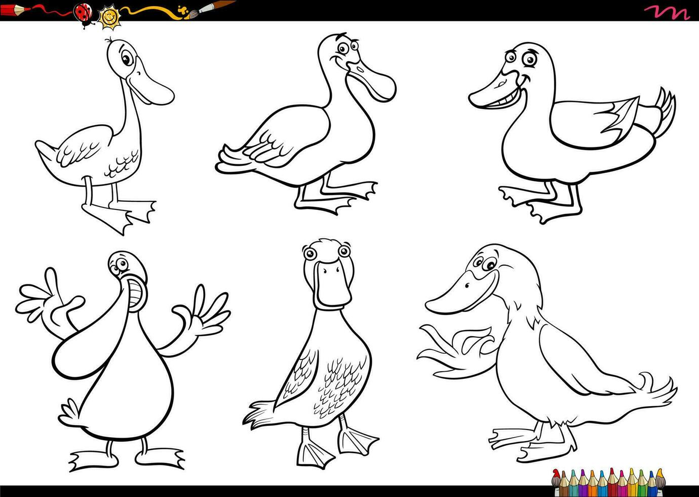 dibujos animados patos granja animal caracteres conjunto colorante página vector