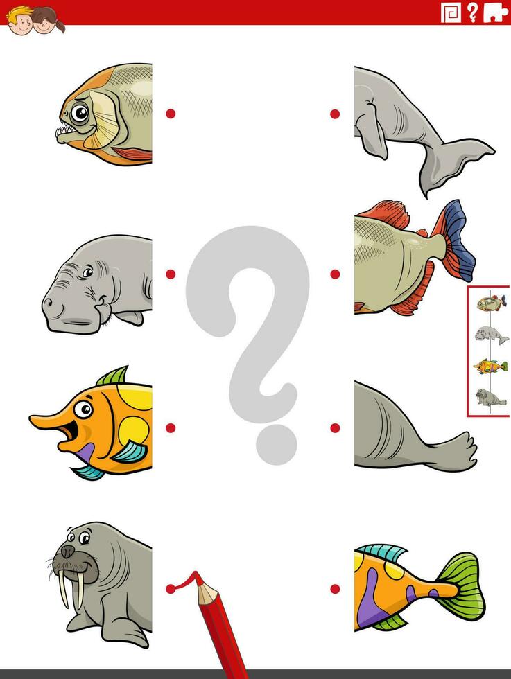 partido mitades de imágenes con marina animales educativo juego vector