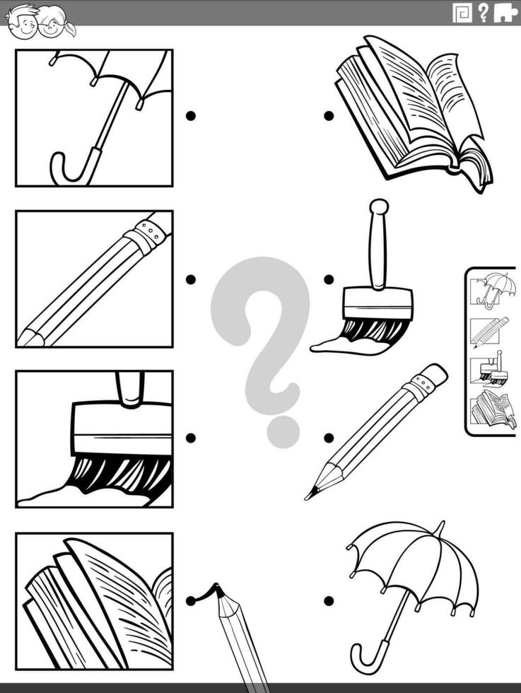 match cartoon objects and clippings activity coloring page vector