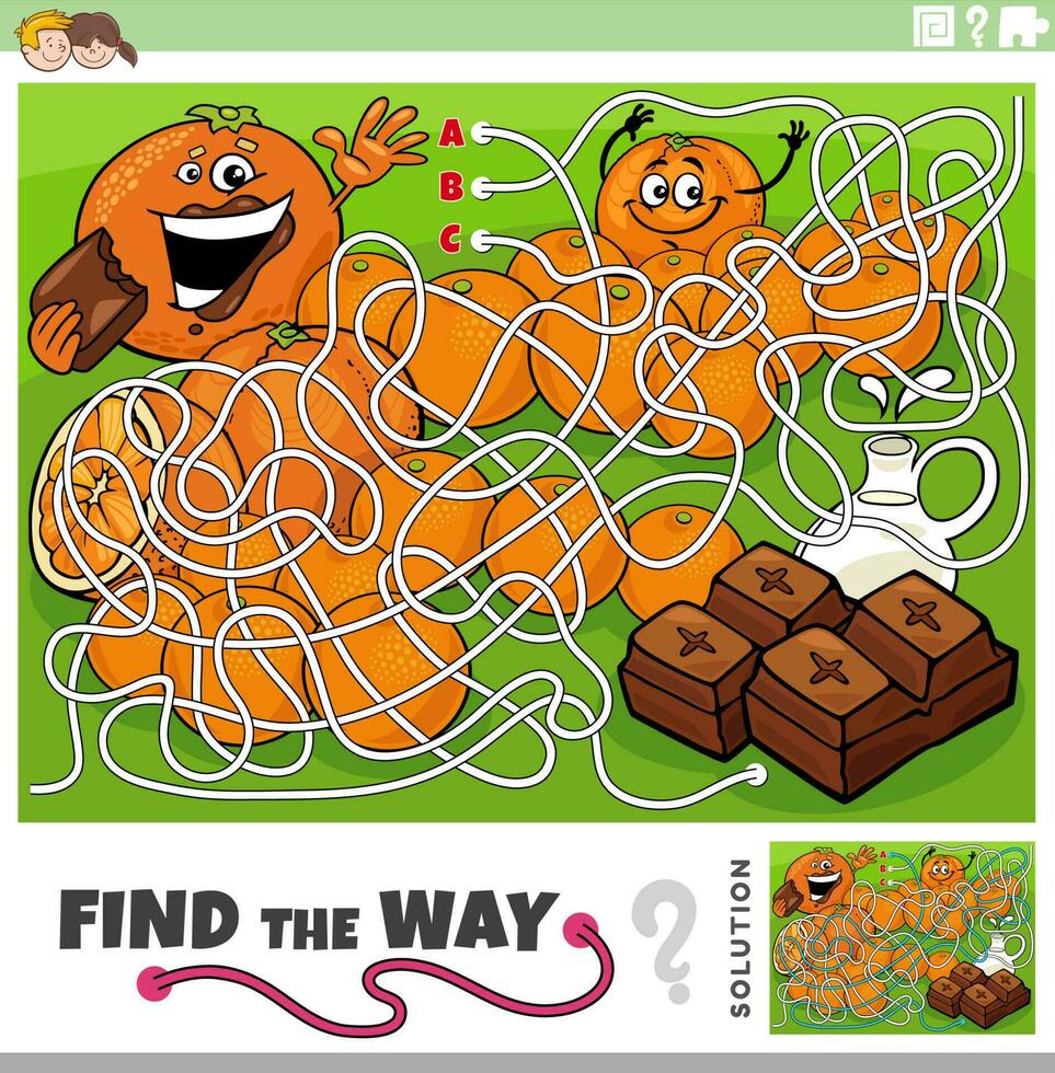 find the way maze game with cartoon orange and chocolate vector