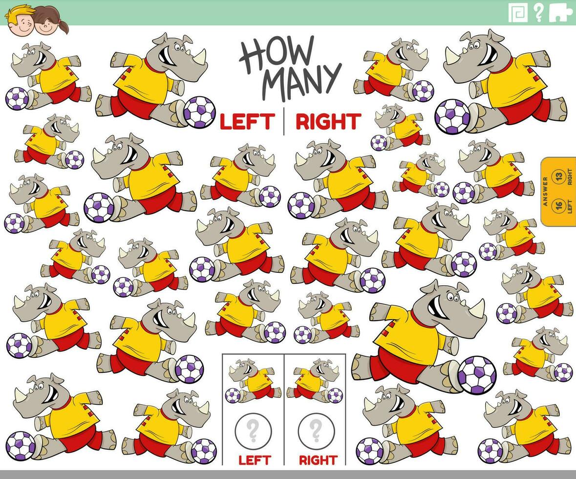 contando izquierda y Derecha imágenes de dibujos animados rinoceronte jugando fútbol vector