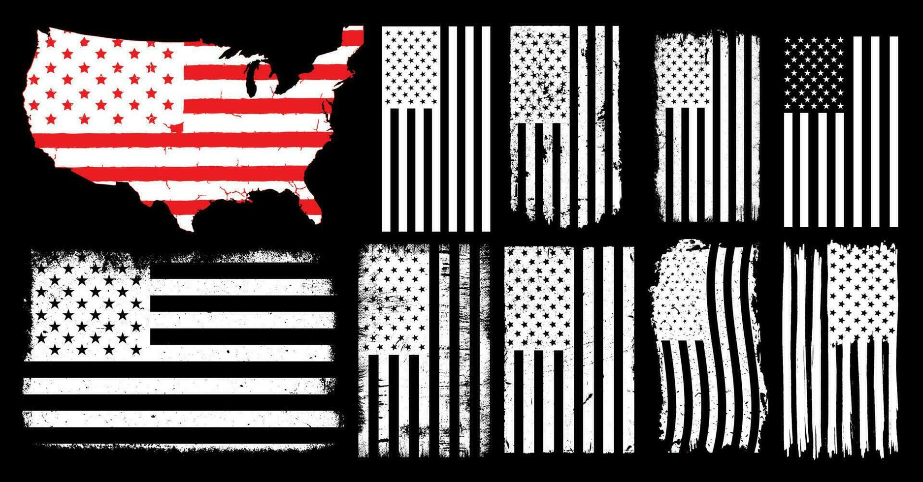 grunge USA flag set vector, grunge, flag, silhouette, independence, July, 4th of July, 4th July vector