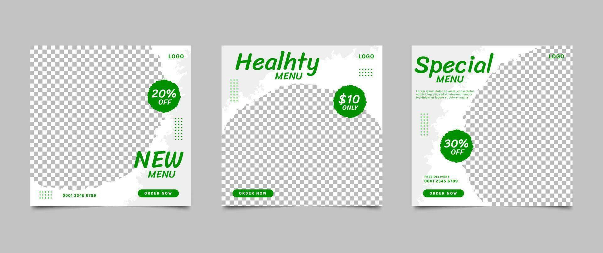 Social media food menu post template design. Editable social media square banner for restaurant and culinary promotion. Set of layouts for marketing on social media. Vector illustration.