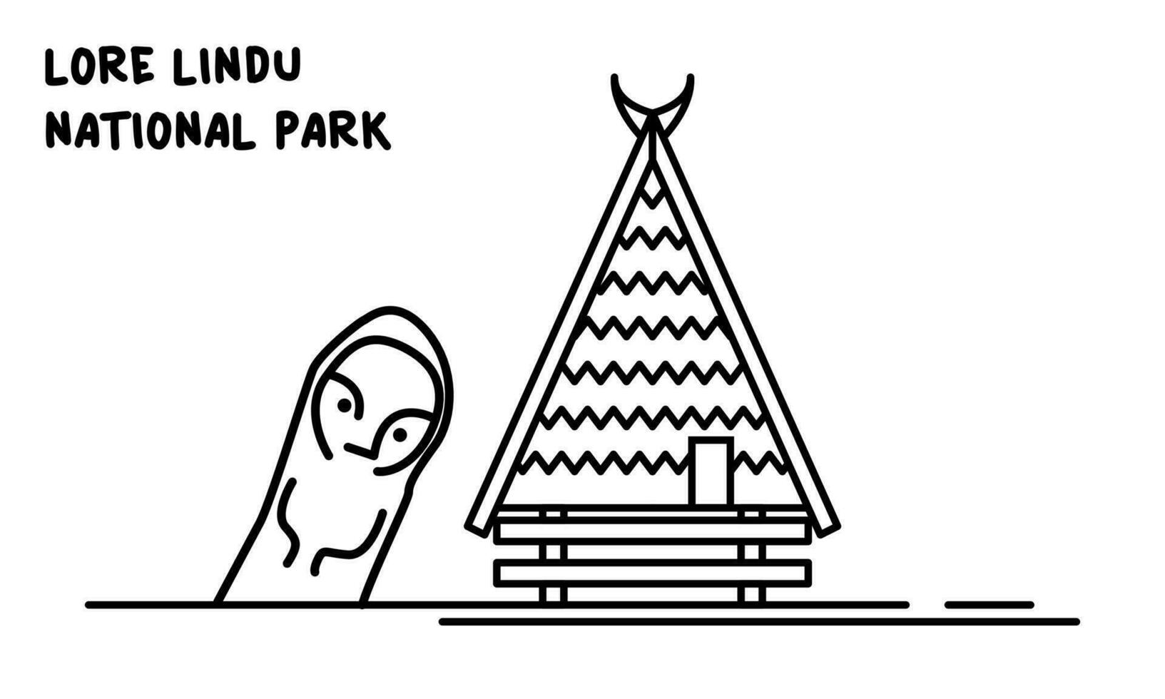 Line art vector megalithic statues and traditional houses in lore lindu national park, poso, central sulawesi. It is suitable for background designs, covers, ornament designs and others.