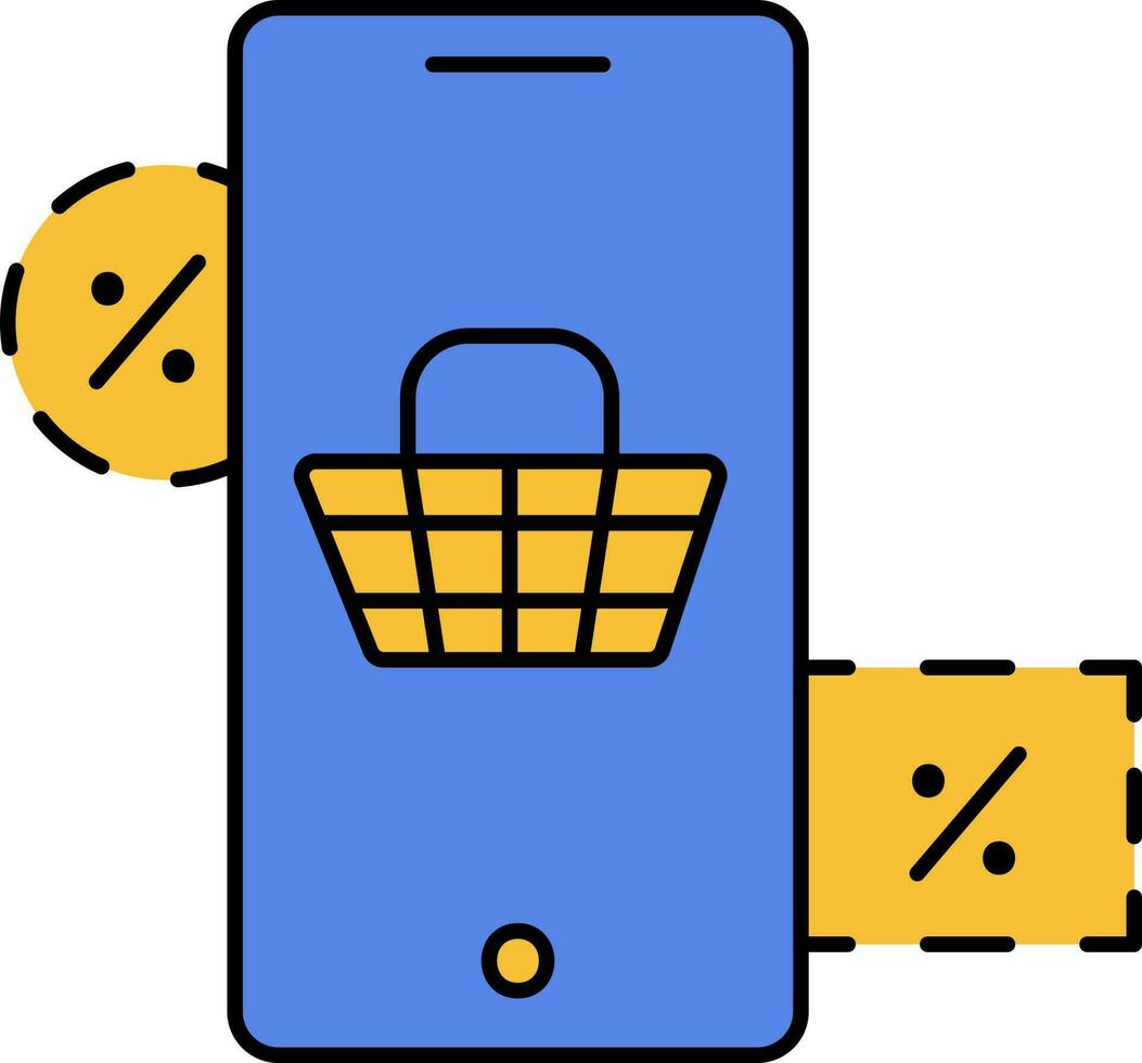 Basket In Smartphone Screen For Online Sale or Shopping Yellow And Blue Icon. vector