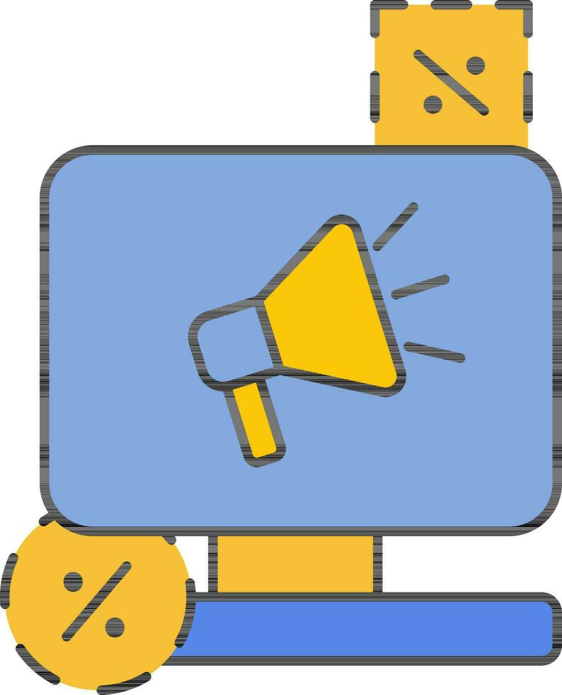 megáfono en escritorio pantalla para en línea viral márketing amarillo azul icono. vector