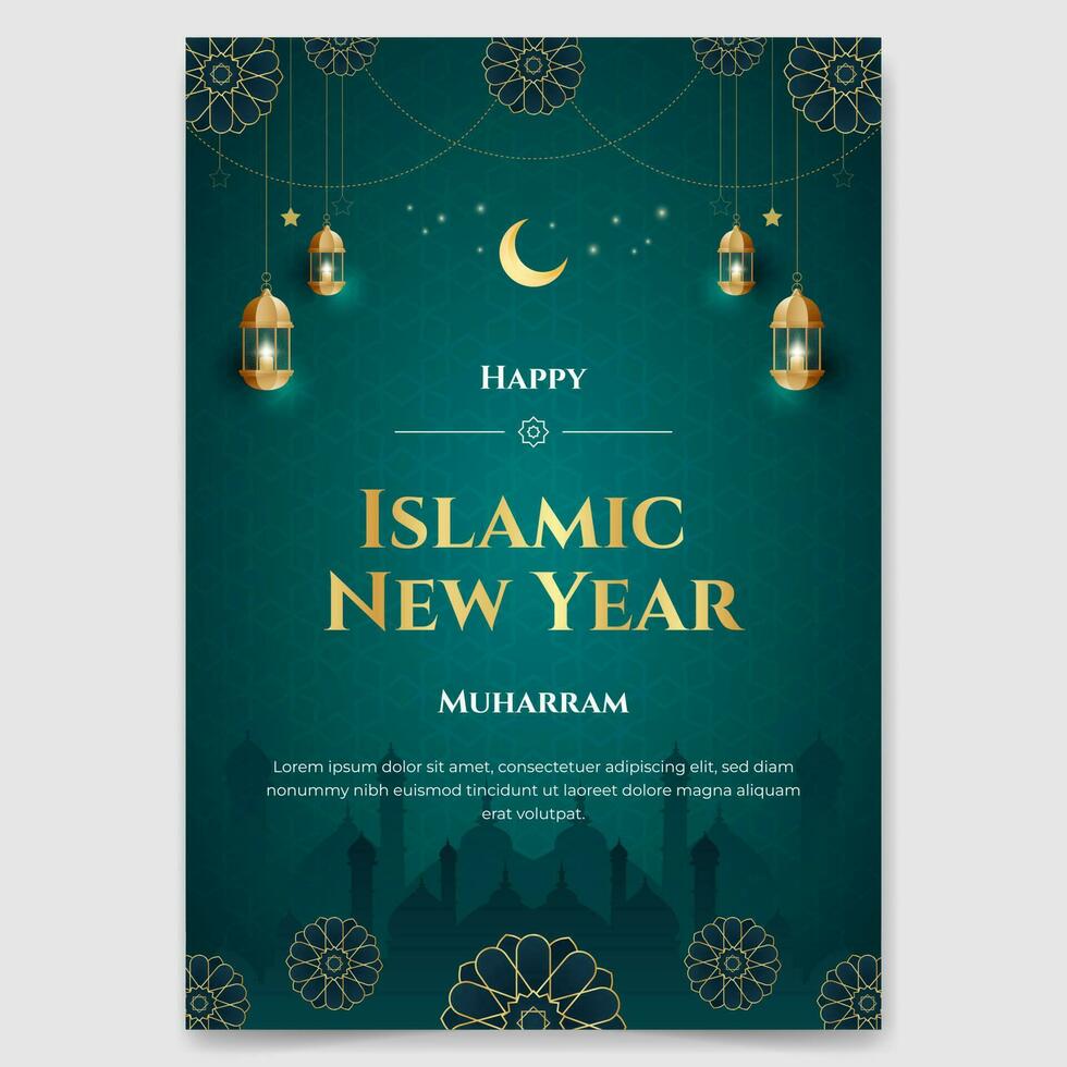 Happy Islamic New Year Muharram poster with Islamic ornament illustration on green gradient background vector