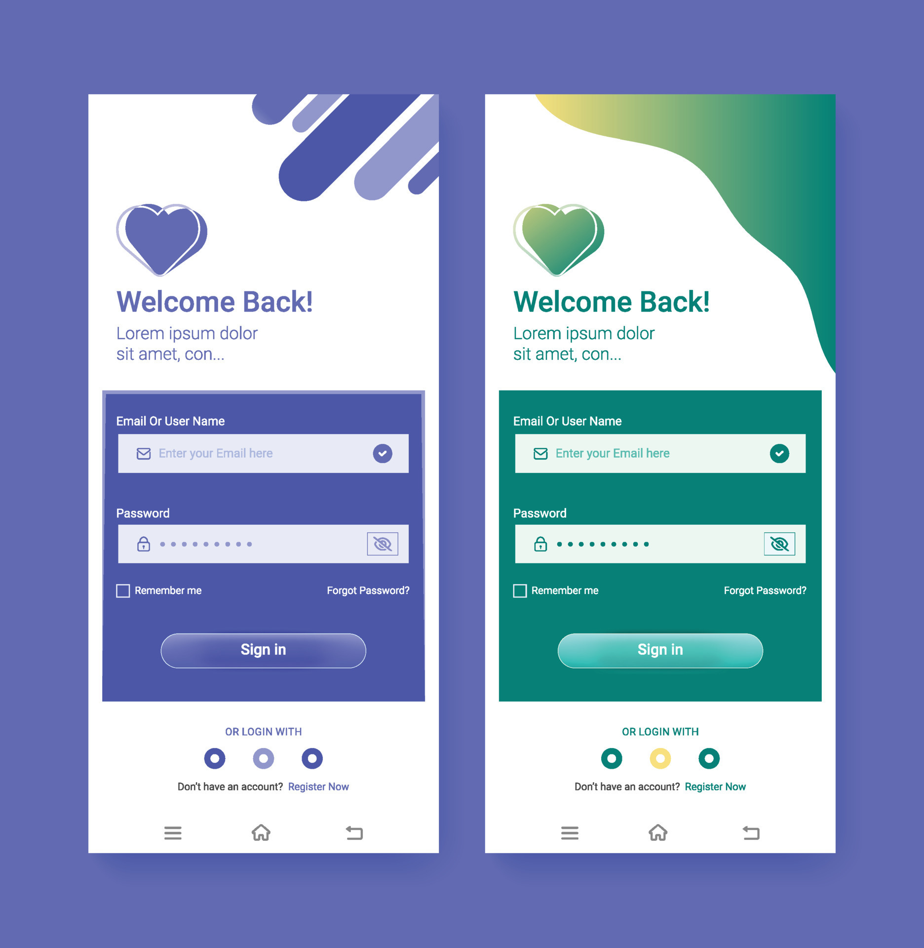 Vector app UI design login page template blue and green variations set ...