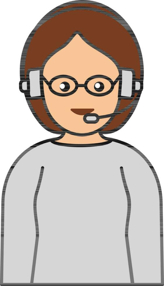 Young Smart Girl Wearing Mic Headphone For Customer Support Grey Icon. vector