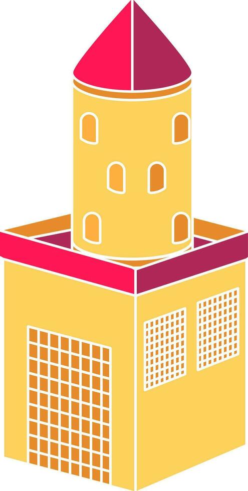 plano estilo castillo torre icono en rosado y amarillo color. vector