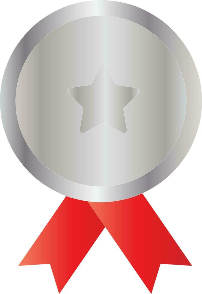 Silver Star Round Badge Medal With Red Ribbon Flat Icon. vector